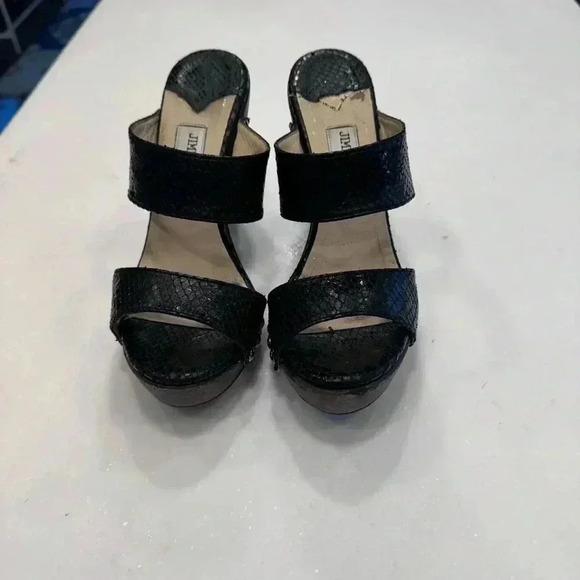 Jimmy Choo Ulrika Black Leather Snakeskin Wood Sandals High Heel Size EU 38 US 8 - Picture 2 of 12